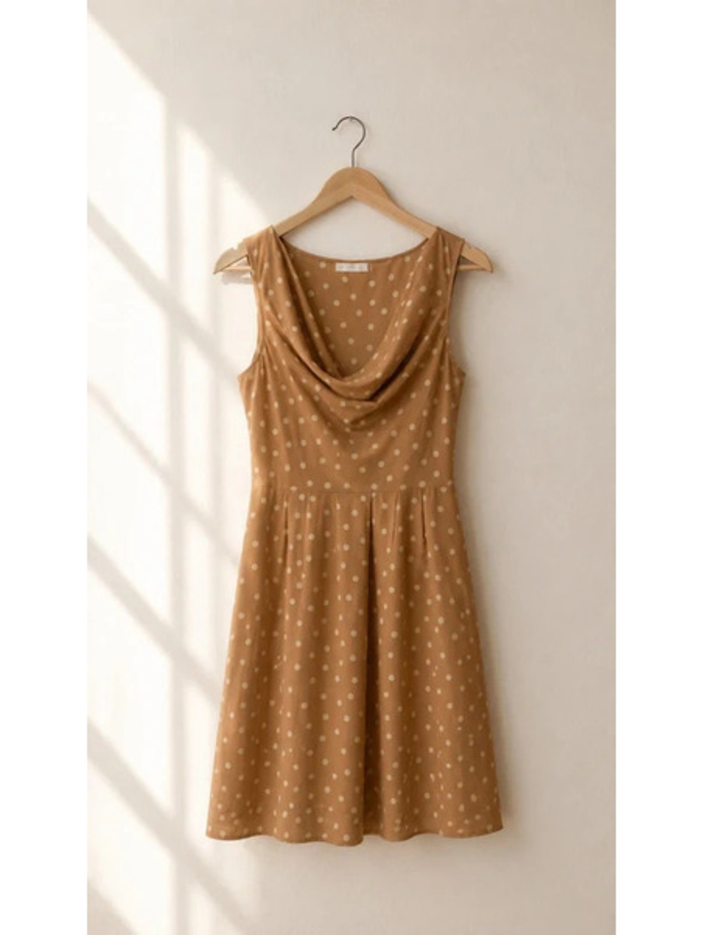 Promod Polka Dot A-Line Dress US 2 UK 6 Beige Pink Cowl Neck Sleeveless